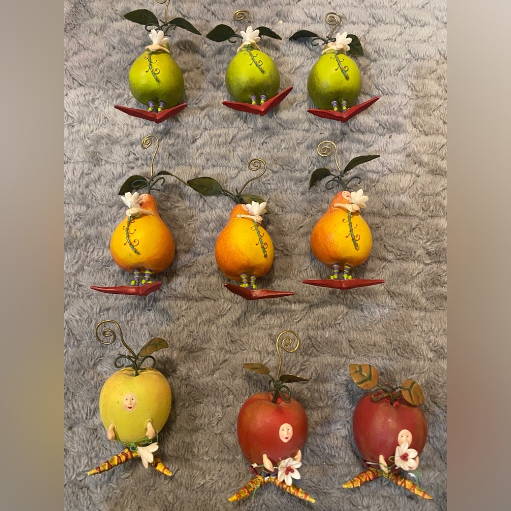 9 - Dept 56 Krinkles Anthropomorphic Pears and apples  3” Tall Whimsical